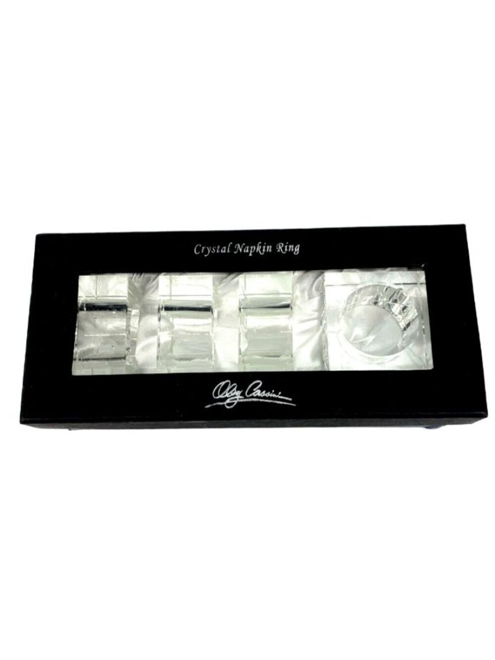 Oleg Cassini Crystal Napkin Rings 4 Clear Signed Elegant Classic Dinner Guests